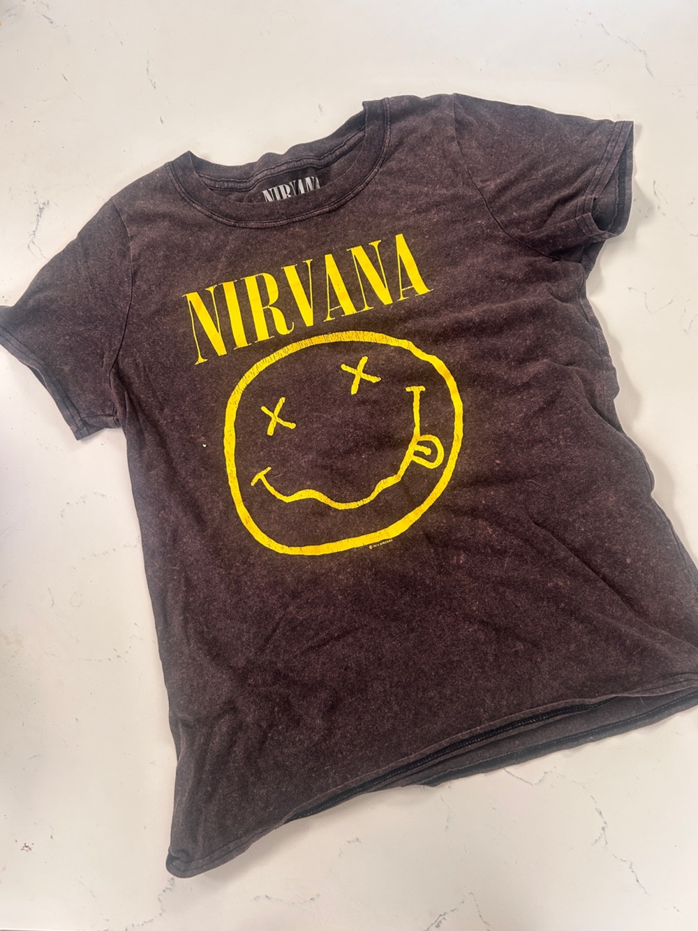 NIRVANA Black Distressed Tee with Yellow Smiley Logo
